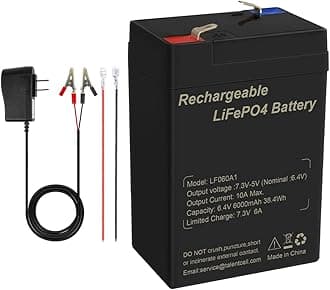 6V 6Ah LiFePO4 Battery Pack LF060A1, 2000+ Cycles Rechargeable Lithium Iron Phosphate Battery with Charger for Kids Ride On Toys, Deer Feeder, Game Hunting Camera, Lantern and More