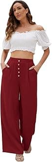 Women Flowy Pants Cotton Linen Wide Leg Palazzo Pants Long Lounge Slacks High Waist Button Trousers Pocket