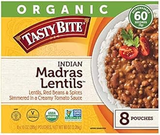 DAILYLIVE Tasty Bite Organic Vegetarian All Natural Indian Madras Lentils: Lentils, Red Beans, & Spices Simmered in a Creamy Tomato Sauce - 8 ct. (10 oz.)