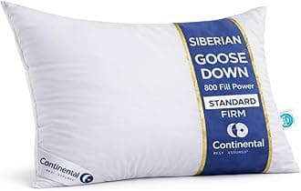 Continental Bedding Siberian Goose Down Pillow 800 Fill Power White Goose Down 400 Thread Count 100% Cotton Shell Soft Medium Firm Loft Options Handcrafted in USA