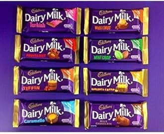 Irish Cadbury Dairy Milk Chocolate 8 Pack - Dairy Milk, Tiffin, Turkish Delight, Mint Crisp ,Golden Crisp, Fruit & Nut, Wholenut Bar and Caramello from Ireland
