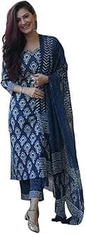 KLOSIAWomen Blue Indigo Printed Kurta Set with Dupatta (Small)
