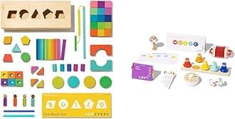 Lovevery | The Block Set | Solid Wood Building Blocks and Shapes + Wooden Storage Box, 70 Pieces & The Music Set | 6 Instruments and Rhythm & Songs Book, Toddler and Kids Music Toys