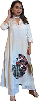 Women's Cream Color Khadi Cotton Kurti with Traditional Dancer Doll Embrodery Work, V-Neck, 3/4 Sleeves, Casual Wear Kurta Set