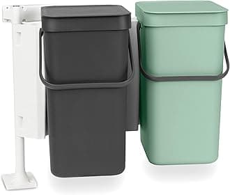 Brabantia Sort & Go Built-in Cupboard Recycling Cans (2 x 3.2 Gal / Dark Gray & Jade Green) Double Door Mounted Trash Organisers with Handles & Removable Lids