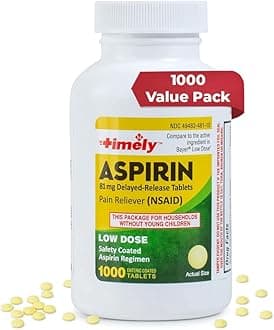 Timely - Low Dose Aspirin 81mg - 1000 Tablets - Compared to the Active Ingredient in Bayer Low Dose - Enteric Coated Low Strength - Pain Reliever for Minor Aches and Pains, Fever Reducer