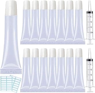AMORIX 50pcs Lip Gloss Tubes - 15ml White Refillable Cosmetic Squeeze Tubes + 2 x 20ml Syringes and Tags for DIY Lip Gloss Base