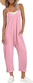 AUTOMET Jumpsuits for Women Casual Summer Rompers Sleeveless Loose Spaghetti Strap Baggy Overalls Jumpers with Pockets 2023, Pink, Medium