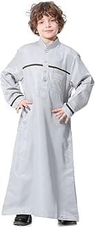 IMEKIS Kids Thobe for Muslim Boys Arab Tobes Long Sleeve Kaftan Embroidered Robe with Pockets Islamic Arabic Abaya Clothes