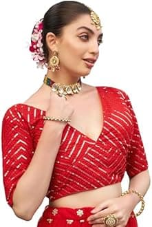 Pujia Mills Women's Blouse with Sequins, Ethnic Style, Half Sleeve, Sari and Lehenga Choli