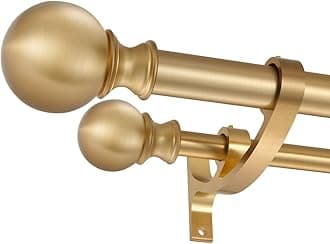 Double Curtain Rods 144-164 Inches, Warm Gold Window Rod, Adjustable With Round Finials, 1-Inch Front and 5/8 Inch Back Telescoping Drapery Rod
