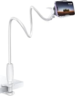 Lamicall Gooseneck Bed Phone Holder - [80 mm Clamp Base] Universal Flexible Lazy Arm for Desk, 360 Overhead Phone Mount Clip for iPhone 17 16 15 14 13 12 Series, Xs XR, Samsung, 4-7” Cellphone - White