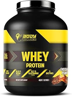 Body Builder 100% Whey Protein - 25g Protein, BCAAs, Glutamine, Digestive Enzymes for Lean Muscle Growth & Endurance, Suitable for Vegetarians & Keto Dieters (Chocolate Peanut, 4 LB)