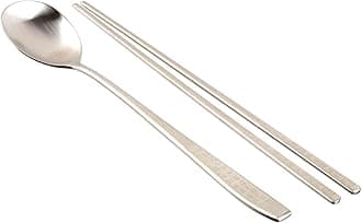 Korean Chopsticks Spoon 1 Set - METAL STAINLESS STEEL -Printed Hangul Characters (Hangul-Silver 1Set)