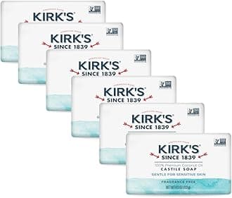 Kirk's Castile Bar Soap for Men, Women & Children - Made with Premium Coconut Oil, Sensitive Skin Formula- Vegan & Non GMO- Fragrance Free- 4 oz. Bars 6 Pack