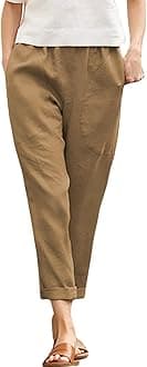 Womens Casual Cotton Tapered Capri Cargo Pants Loose Elastic Waist Ankle Cropped Trouser with Pockets