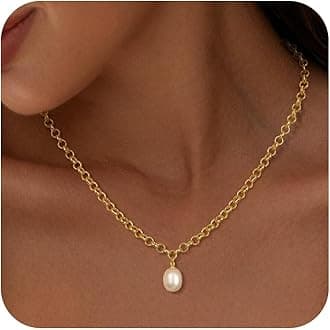 Moodear Gold Necklace for Women 14K Dainty Gold Chain Pearl Pendent Necklace Choker Necklaces Rolo Chain Necklace Pendent Necklace for Women Trendy Fashion Stainless Steel Necklace Jewelry for Women
