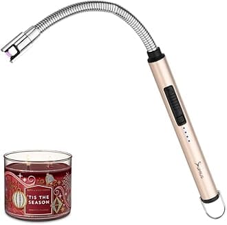 Candle Rechargeable Electric Arc Lighter Stainless Steel Housing & Hanging Hook with 360° Flexible Neck (Champagne Gold)