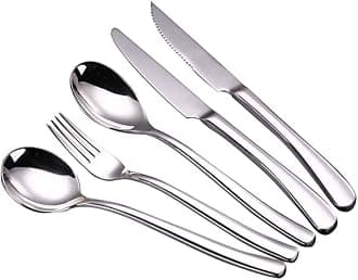 Silverware Flatware Cutlery Set, 5/20/30/40/50/60 Pieces Household Stainless Steel Cutlery Set, Steak Knife, Main Table Spoon, Main Table Fork, Dessert Spoon (Silver 8Set)