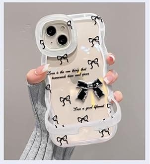 3D Cute Creative Bow-Knot Cartoon 3D Coquette Bow Floral Decor Wave Curly Edge Invisible Double Phone Stand Holder Hard Translucent Cover Girly Charm Case for Apple iPhone 14 (Black White)