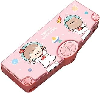 Multifunction Pencil Case, Pencil Box with 2 Compartments for Students - Cartoon Pattern Stationery Set with Pop Out Scissors and Pencil Sharpener - one size