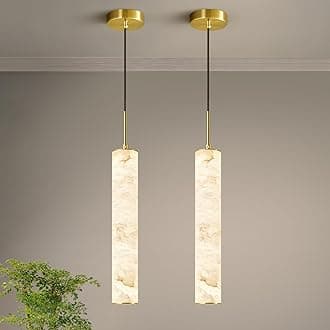 LMQNINE Natural Alabaster Pendant Lights for Kitchen Island White Marble Long Tube Chandelier 4000K Modern Gold Ceiling Light Fixtures for Bedroom Dining Room Table Living Room Hallway(M-2Pack)