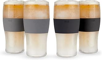 HOST Freeze Beer Glasses, 16 ounce Freezer Gel Chiller Double Wall Plastic Frozen Pint Glass, Set of 4, Black and Grey