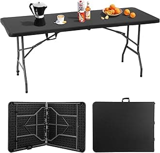 6ft Folding Table, Heavy Duty Foldable Table with Handle, Portable Fold-in-Half Utility Tables for Indoor & Outdoor Use Perfect for Camping BBQ Party Wedding Market Events, Black