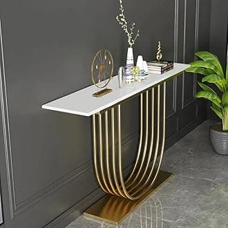 Console Table with Gold Base Foyer Table, Narrow Modern Hallway Table with Geometric Iron Legs for Living Room, Hallway, Entrance (Golden White)