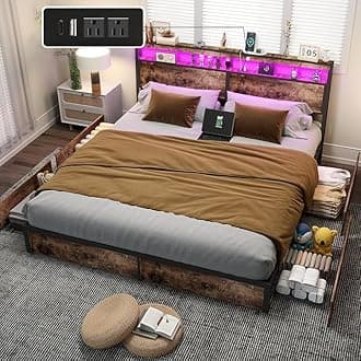 King Size Bed Frame with 4 Storage Drawers and Headboard with Charging Station and LED Lights,2 Tier Solid Wood Headboard Storage,Noise Free,Easy Assembly, Vintage Brown