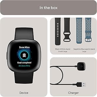 Fitbit Versa 4 Fitness Smartwatch with Daily Readiness, GPS, 24/7 Heart Rate, 40+ Exercise Modes, Waterfall Blue/Platinum, One Size (S & L Bands Included) + Sports Strap Bundle