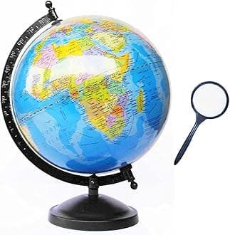 GeoKraft Educational 8 Inch Political Black Metal Base STEM Globe with Magnifying Glass for Kids (Blue)