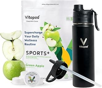 Vitapod Sport+ Green Apple Flavored Water Enhancer Pods Starter Bundle, Water Flavoring, Sugar Free, 100mg Caffeine, Vitamin C, Vitamin D, 30 Pods, 22 oz Stainless Steel Water Bottle, Black