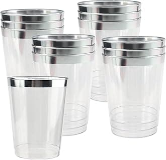MOUYAT 100 PCS 360ml Silver Rimmed Plastic Cups, 12oz Plastic Cocktail Glasses Clear Tumblers, Party Drinking Cups for Birthdays, Weddings, Christmas, Picnic, Parties, and Events