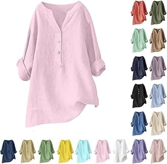 Linen Shirts for Women 2025 Buttons V Neck Cloths Long Sleeve Pockets Tshirt Trendy Dressy Blouses Casual Tunic Tops