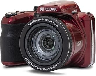 KODAK Pixpro Astro Zoom AZ425 Digital Camera Bridge 42X Optical Zoom 24mm Wide Angle 20 Megapixels LCD 3 Full HD 1080P Video, Li-ion Battery – Red