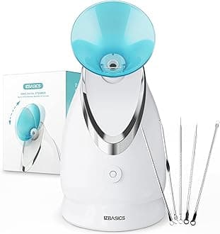 EZBASICS Nano Ionic Facial Steamer - Professional Face Steamer for Deep Pore Cleansing, Warm Mist Humidifier for Home Spa, Sinus Relief, Skin Hydration, Bonus 5 Piece Stainless Steel Skin Kit (Blue)