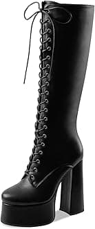 - Women's High Chunky Heel Platform Knee High Boots Fashion Leather Lace Up Heeled Long Boots Wide Calf