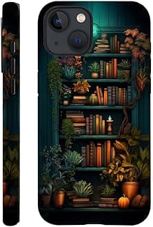 Case Compatible with iPhone 14,Hybrid 2-Layer Hard Shell,Shockproof Soft for Girl Women,Bookshelf Book Plant