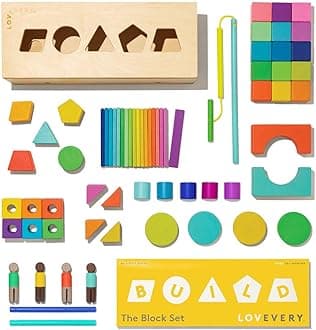 The Block Set Solid Wood Building Blocks and Shapes + Wooden Storage Box, 70 Pieces, 18 Colors, 20+ Activities