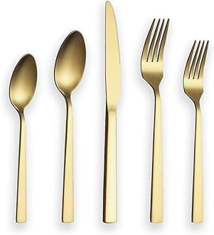 Berglander Matte Golden Titanium Plating Flatware Set 20 Pieces, Stainless Steel Golden Silverware Set, Service for 4 (Matte Golden)