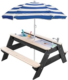 Kids 3-in-1 Sand & Water Table, Wood Outdoor Convertible Picnic Table w/Umbrella, 2 Trays, Removable Top with Faucet, Picnic Table for Outdoor (Black/Navy)