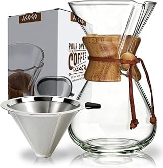 Pour Over Coffee Maker Glass - Barista Kit with 304 Stainless Filter for Home, Office, Camping, Cafes - Easy Clean Coffee Dripper Set (Soft Towel&Brush) (34oz Classic w/SS Filter)