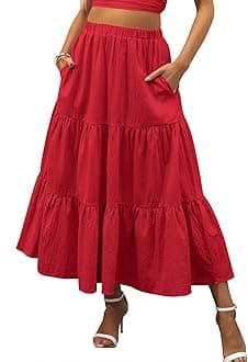 Women’s Summer Boho Flowy Swing Tiered A-Line Maxi Skirt 2026 Fashion Trendy Elastic Waist Pleated Long Beach Dress