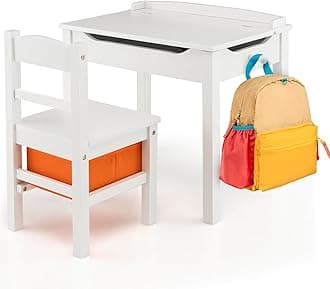 Kids Table and Chair Set, Flip Top Toddler Study Desk w/Chair for Playroom & Nursery, Wood Activity Table Set w/Storage Space, Safety Hinge, Pull-Out Drawer & Hook for Arts, Crafts (White)