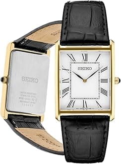 Seiko Essentials Watch for Men - Essentials - Water Resistant with Stainless Steel Rectangular Case and Leather Strap