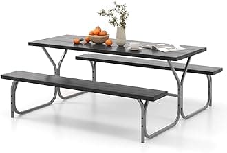 COSTWAY 8 Seater Picnic Table and Bench Set, Portable Camping Trestle Table Chairs with Umbrella Hole, Outdoor Heavy Duty Dining Table Set Furniture for BBQ Pub Garden Patio Poolside (Black)