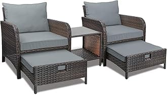 LEVELEVE Balcony Furniture 5 Piece Patio Conversation Set, PE Wicker Rattan Outdoor Lounge Chairs with Soft Cushions 2 Ottoman&Glass Table for Porch, Lawn-Brown Wicker