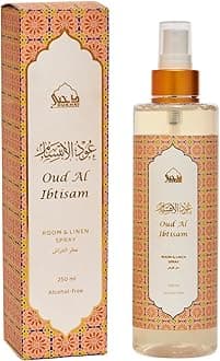 Oud al Ibtisam Arabic Room Spray by Dukhni | 250ml Oud fragrance for Ramadan, Eid | Air Freshener, Attar al Faraash for home & prayer mats | Bed linen, Sofa Mist, natural home scent, odour eliminator