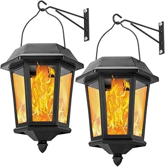 Solar Lanterns Outdoor Waterproof, Hanging Solar Lights with Glass Shade - 2 Pack LED Metal Wall Mount Outdoor Light for Yard/Garden/Patio - Flame